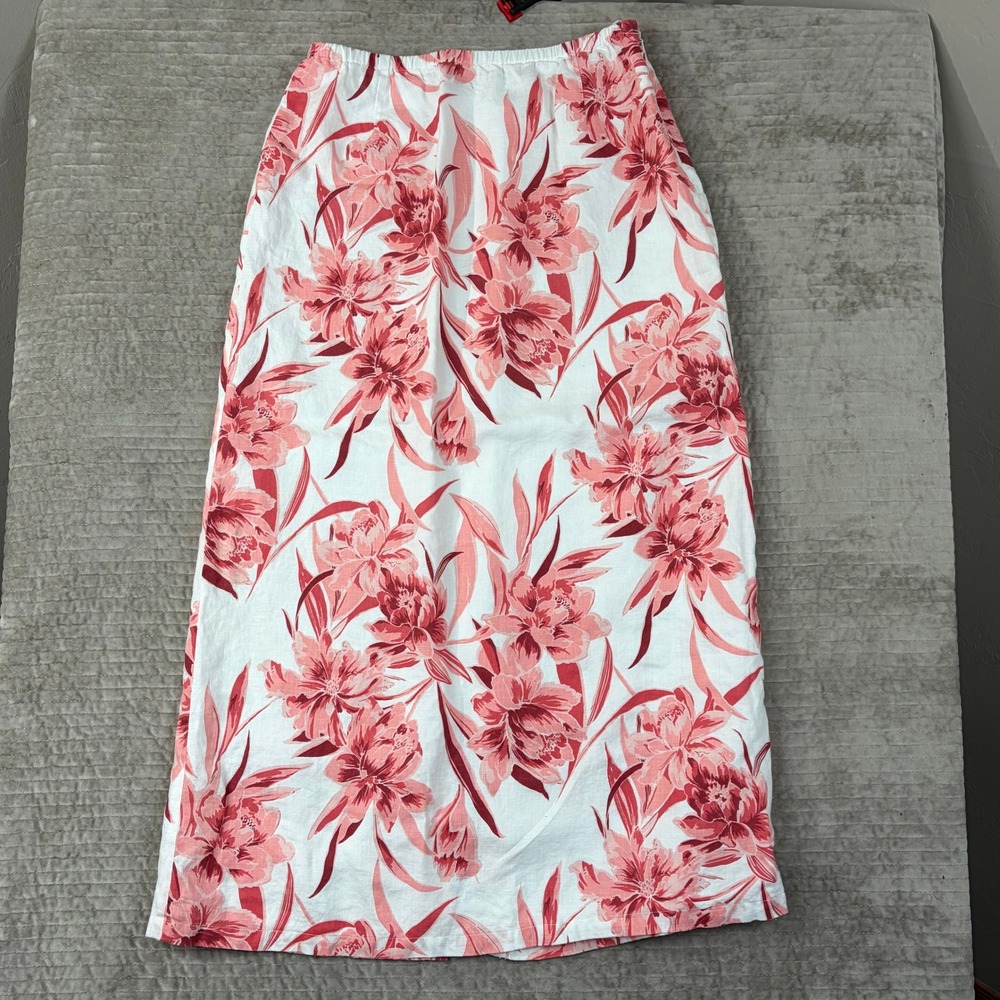 Amanda Smith Womens Pink‎ Floral 100% Linen Maxi Skirt Elastic Waist Size M